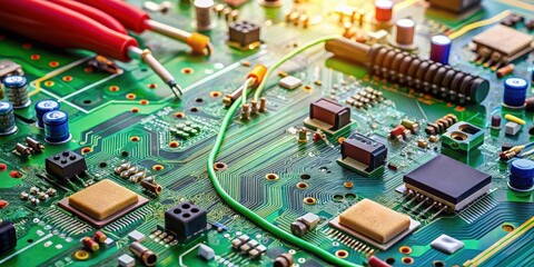 Obraz premium Detailed electronic components scattered on a minimalist circuit board background with various wires and connectors, circuit board, electronic components
