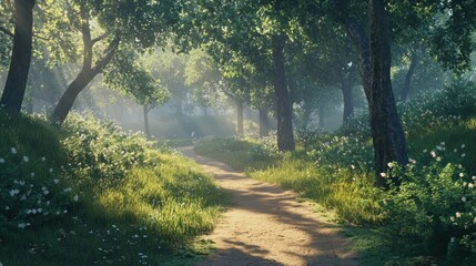 Fototapeta premium Sunlit path winding through a lush, misty forest with wildflowers and tall trees.