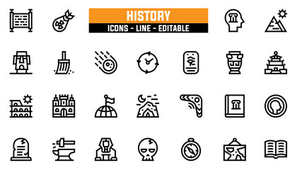 Set of 25 line icons history. Editable stroke. Vector illustration