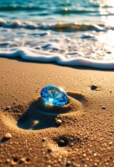 solitary blue gemstone beach treasure photorealistic 8K rule of thirds vaporwave sunny sand ocean waves discovery