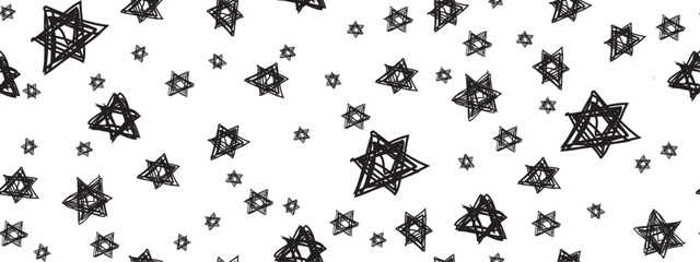 A seamless pattern featuring numerous handdrawn black Star of  symbols on a white background. Various sizes and slight variations in style create a dynamic texture.
