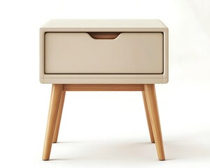 Stylish soft beige nightstand with wooden legs, white background,