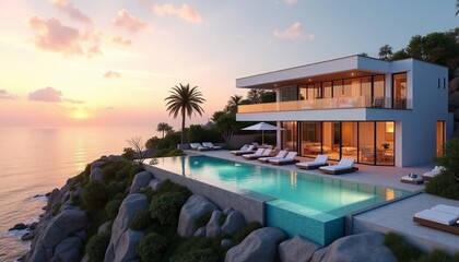 Fototapeta premium Modern Cliffside Retreat A Sleek Mansion Overlooking Azure Waters and a Golden Sunset for a Scenic Getaway