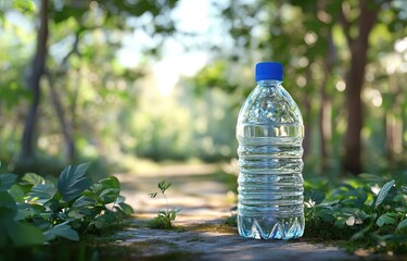 3D Render of Plastic Water Bottle with Blue Cap in Nature