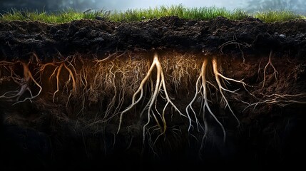 Fototapeta premium underground roots, soil, nature cross section - dark backgrounds