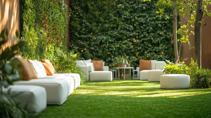 Fototapeta premium Serene Outdoor Lounge: Modern White Seating Amidst Lush Greenery