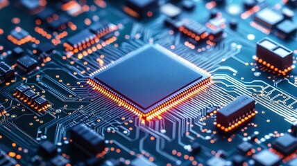 Obraz premium A close-up of a microchip on a circuit board, highlighting intricate connections and glowing elements, symbolizing advanced technology and electronics.