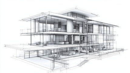 A modern architectural blueprint showcasing a multi-level house design with expansive glass windows and an open floor plan.