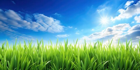 Fototapeta premium Lush green grass blades stretching towards a bright blue sky on a serene natural background, foliage, verdant, foliage