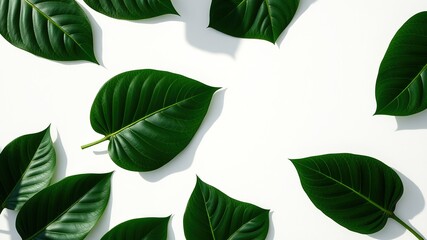 Obraz premium Top View White Background Cosmetics Sales Promotion Layout - Green Leaves Shadows