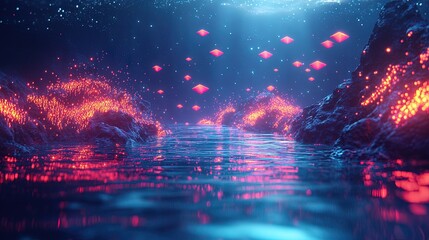 Obraz premium Modern underwater scene with glowing geometric shapes and vivid bioluminescent details