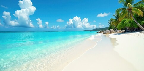 Naklejka premium Turquoise waters lapping against white sandy shores, tropical, waves