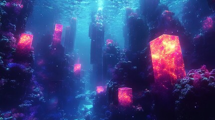 Modern underwater scene with glowing geometric shapes and vivid bioluminescent details