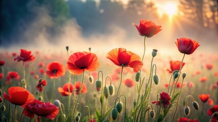 Fototapeta premium Softly glowing red poppy field with tall, slender flowers swaying gently in morning mist , field, serene, field, serene, nature