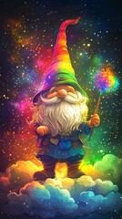 Magical Rainbow Gnome in a Starry Night Sky
