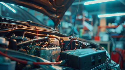 Close up of a car engine with neon lights