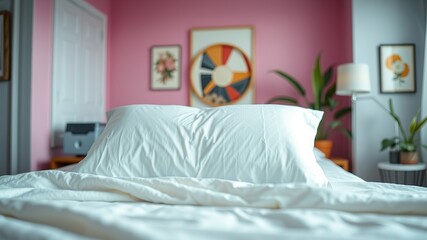White Pillow Blanket Bed Bedroom Interior AI Photo, Bright Colors, Sharp Focus, Cozy Mood