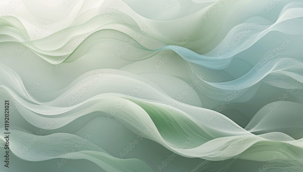 Poster swirling and flowing soft green and white lines create a tranquil and serene abstract visual