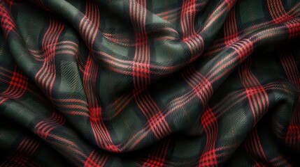 A close-up of a textured fabric featuring a green and red plaid pattern.