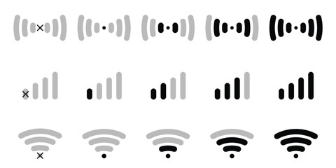 Signal icon set. Wi-Fi icons pack. Mobile phone signal, wi-fi. Icon for website design, mobile app, ui. Vector illustration