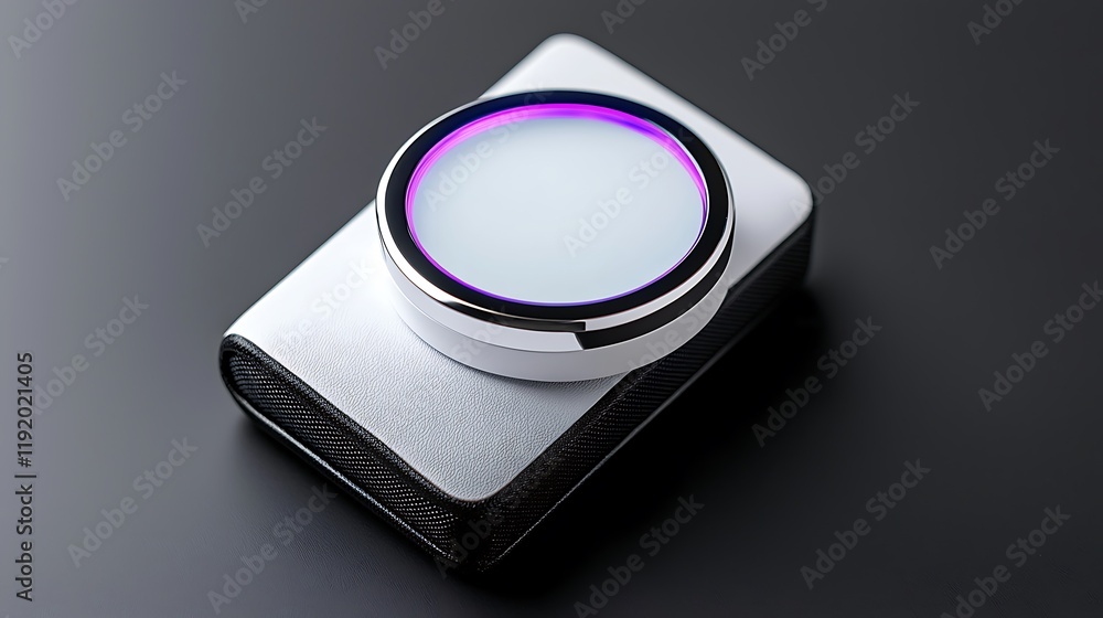 Aufkleber compact device with illuminated circular element on a dark surface.