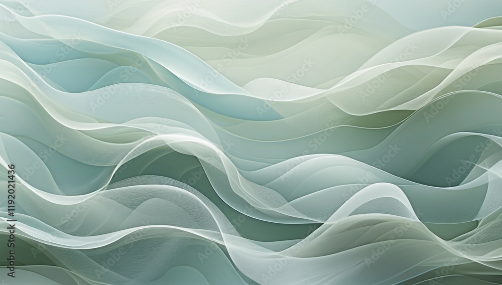 Poster swirling and flowing soft green and white lines create a tranquil and serene abstract visual