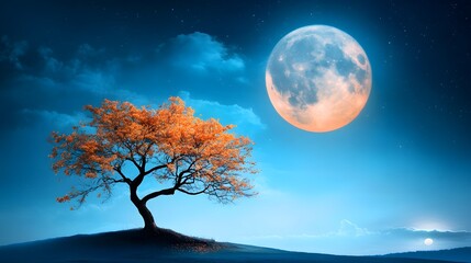 Moonlit night scene with a solitary tree serene landscape digital art tranquil atmosphere enigmatic viewpoint nature theme