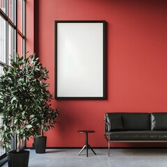 Fototapeta premium Modern Red Room Interior 3D Illustration with Black Sofa and Plant