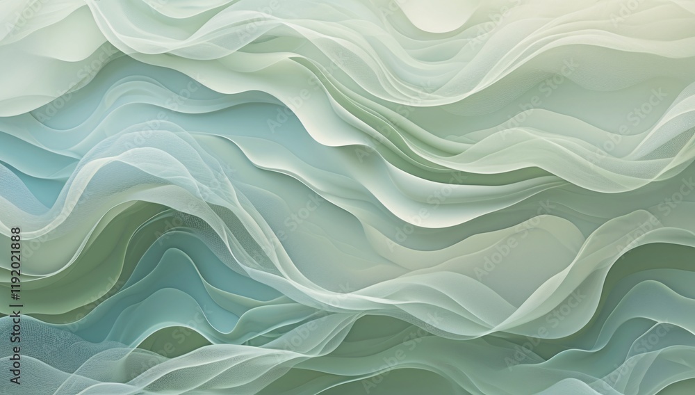 Poster swirling and flowing soft green and white lines create a tranquil and serene abstract visual