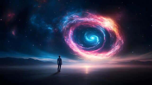 Cosmic journey of a solitary figure abstract universe digital art surreal environment wide-angle view exploration of infinity
