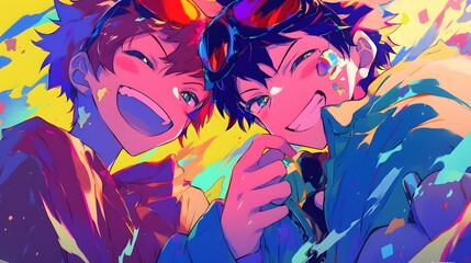 Manga illustration depicting a friendship theme with energetic characters drawn in vibrant colors