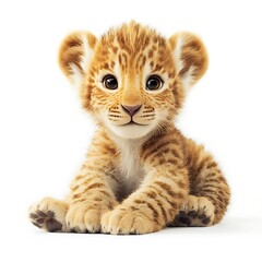 Obraz premium Adorable lion cub sitting, white background, wildlife, pet, nature, animal poster