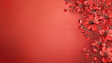 Red flowers, spring blossom, festive background, celebration card