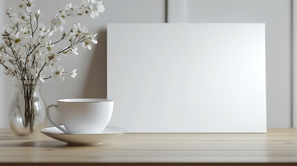 White cup, flowers, blank canvas, wooden table, minimalist home decor, mock-up