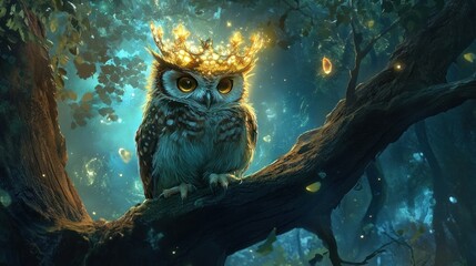 Majestic owl wearing a golden crown, perched on a tree branch in a mystical forest at night.