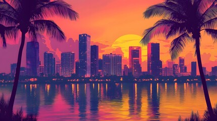 Obraz premium Miami city skyline at sunset in a retro digital art style.