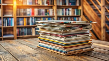 Colorful stacked magazines with a mix of fiction and non-fiction genres on a wooden table, creating a visually appealing display , colorful, nonfiction
