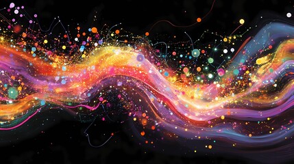 Obraz premium Vibrant Abstract Digital Artwork Featuring Colorful Waves of Light and Dynamic Particles Against a Dark Background for Creative Design Projects