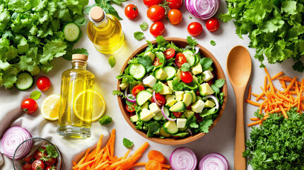 Flat Lay of Vibrant Fresh Salad Ingredients with Wooden Bowl, including leafy greens, sliced cucumbers, cherry tomatoes, red onions, avocado, and shredded carrots