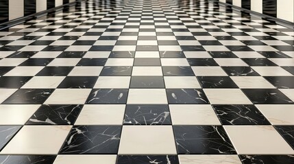 Naklejka premium A checkered floor design featuring black and white tiles in a spacious corridor.