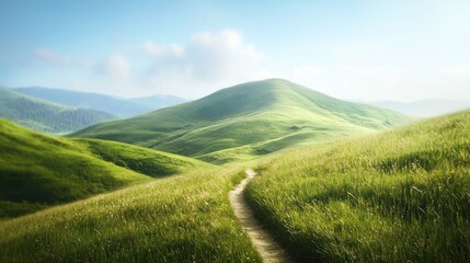 Fototapeta premium Serene Hillside Path: A Journey Through Verdant Meadows