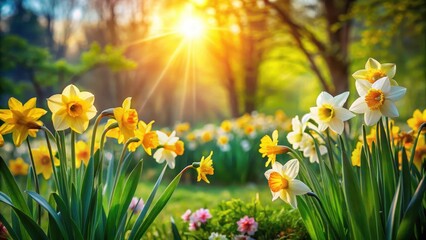Daffodils swaying gently in a garden amidst lush greenery and vibrant spring flowers