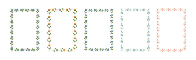 Collection of botanical frames with flowers. Floral border set with yellow, blue, pink flowers, leaves, branches. Vector illustration.