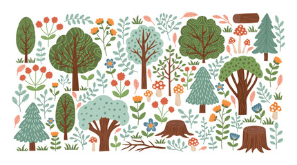 Collection of spring summer forest elements. Trees, bushes, stumps, flowers and mushrooms. Botanical elements set. Vector illustration.