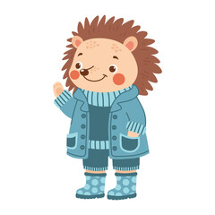 Cute spring forest woods character. Hedgehog wearing a sweater, coat and wellies. Vector illustration isolated on transparent background.