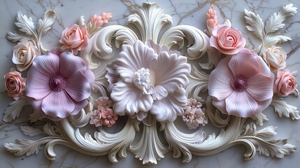 Ornate floral relief featuring intricate flowers and leaves in soft colors.