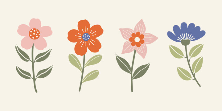 Set of vector cartoon flower illustrations with a white background, flower collection.