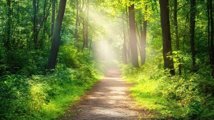 Sunlit path through lush green forest.