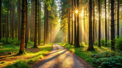 Fototapeta premium Sunlit forest with tall trees and a winding path leading into the distance , nature, trail