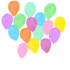 Set Colorful pastel soft colors birthday balloons watercolor crayon hand drawn cute illustration isolated in white